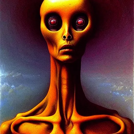 Image similar to alien woman, full body, portraiture, painted by Beksiński, oil painting, intricate details