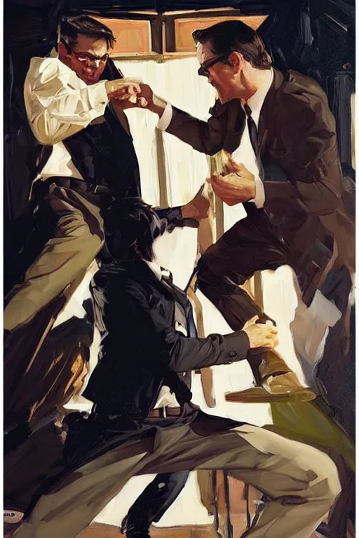 Image similar to michael scott fighting dwight schrute, painting by jc leyendecker!! phil hale!, angular, brush strokes, painterly, vintage, crisp