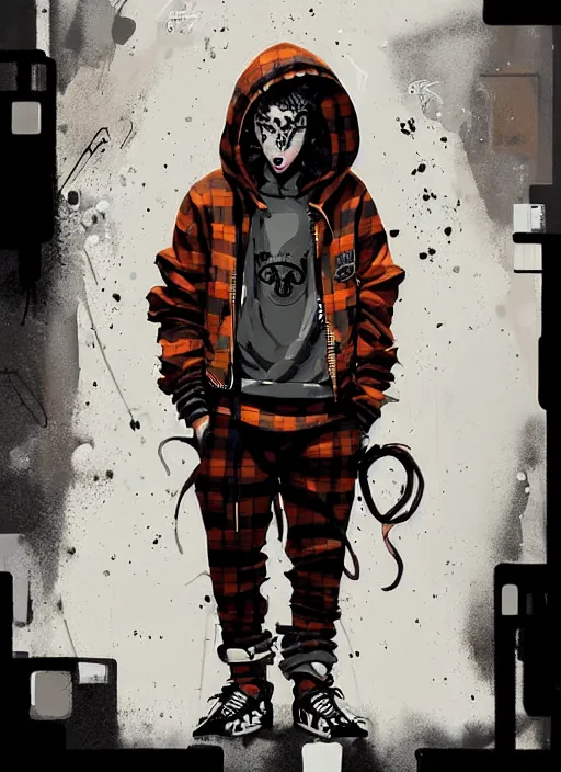 Image similar to highly detailed portrait of a sewer punk ricardo milos, tartan hoody, ringlet hair by atey ghailan, by greg rutkowski, by greg tocchini, by james gilleard, by joe fenton, by kaethe butcher, gradient orange, black, cream and white color scheme, grunge aesthetic!!! ( ( graffiti tag wall background ) )