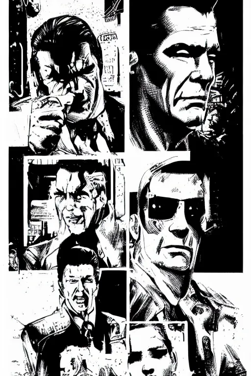 Image similar to ronald reagan, a page from cyberpunk 2 0 2 0, style of paolo parente, style of mike jackson, adam smasher, johnny silverhand, 1 9 9 0 s comic book style, white background, ink drawing, black and white, colouring pages