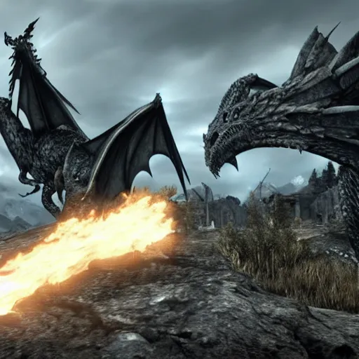 Image similar to a dragon fighting against a denim blue audi a 4 b 6 avant in whiterun, skyrim gameplay footage