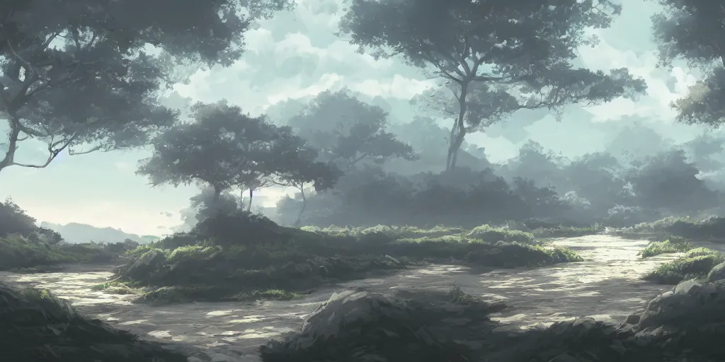 Prompt: morning, landscape, no people, ikeshima naoki, Anime Background, concept art, illustration,smooth, sharp focus, intricate, super wide angle, trending on artstation, trending on deviantart, 4K