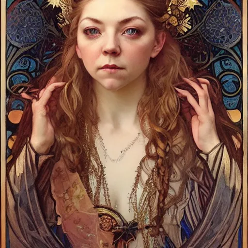 Prompt: realistic detailed face portrait of Natalie Dormer as Mata Hari by Alphonse Mucha, Ayami Kojima, Amano, Charlie Bowater, Karol Bak, Greg Hildebrandt, Jean Delville, and Mark Brooks, Art Nouveau, Neo-Gothic, gothic, rich deep moody colors