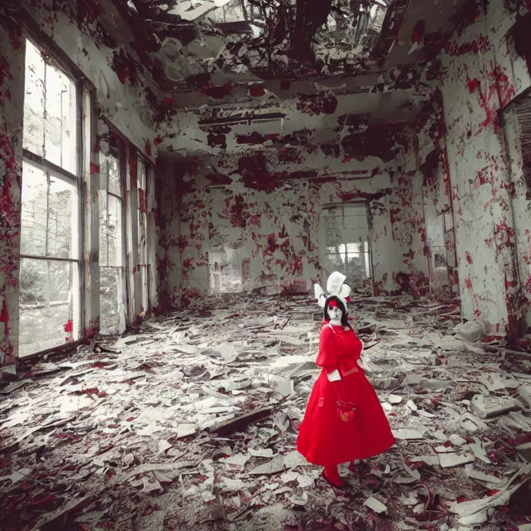 Prompt: atmospheric Polaroid photo of a reimu hakurei cosplayer in an abandoned facility