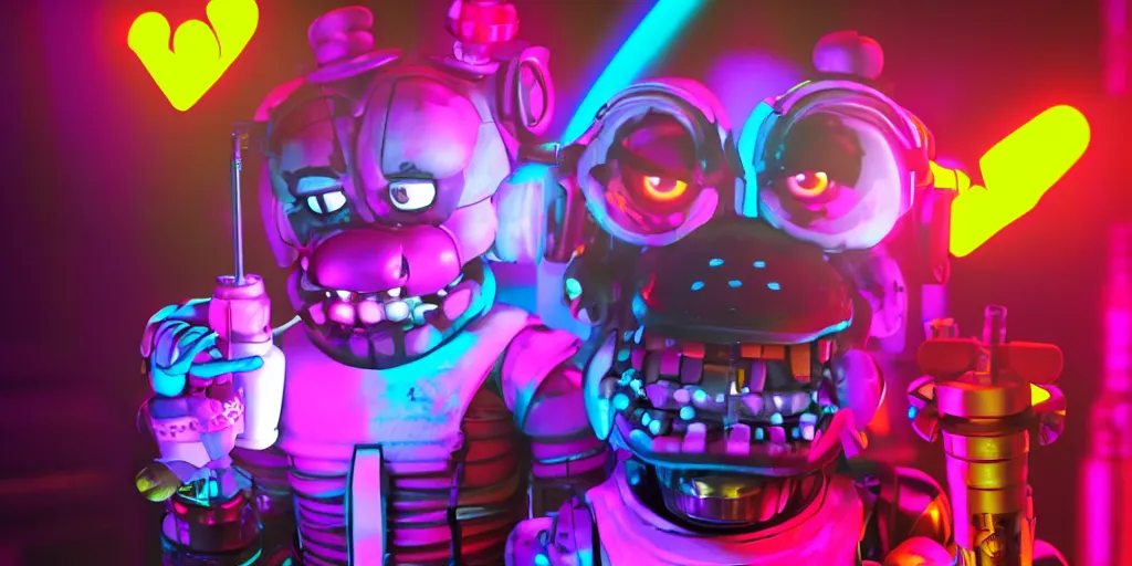 Image similar to fnaf freddy, cyberpunk, rgb, neon, hd, cinematic,