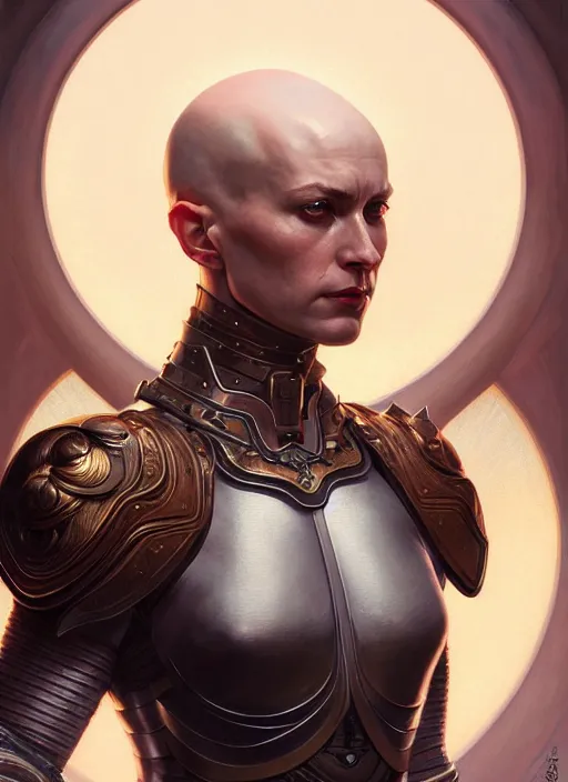 Image similar to Symmetry!! portrait of a bald woman, warrior in armour, muscular, fantasy, intricate, elegant, highly detailed, digital painting, artstation, concept art, smooth, sharp focus, illustration, art by artgerm and greg rutkowski and alphonse mucha