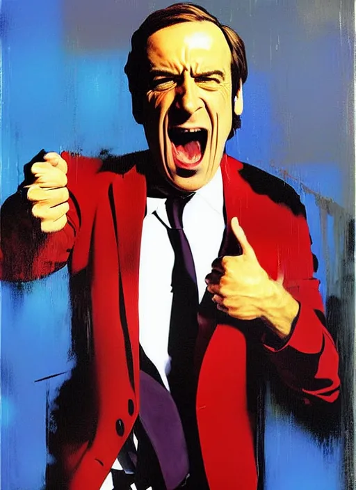 Image similar to saul goodman in colorful suit, screaming, painting by phil hale, fransico goya, david lynch,'action lines '!!!, graphic style, visible brushstrokes, motion blur, blurry