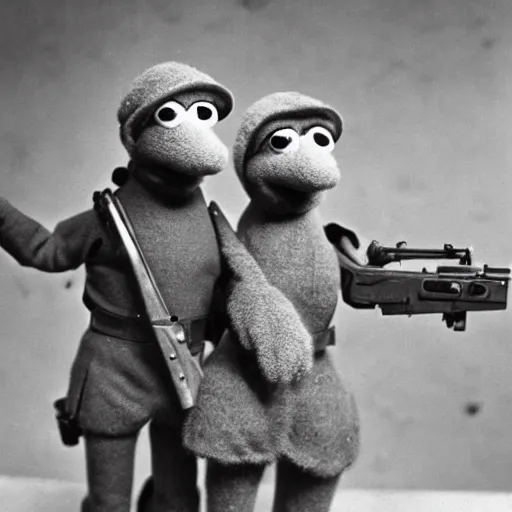 Prompt: vintage ww2 photograph of muppets as soldiers, realistic, weapons, war, battlefield