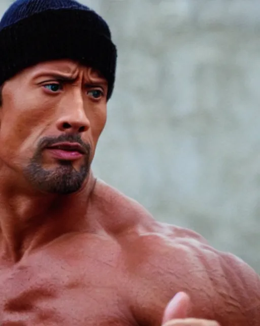 Image similar to Film still close-up shot of Dwayne Johnson as Rocky Balboa from the movie Rocky. Photographic, photography