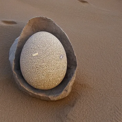 Prompt: a big stone egg encrusted with jewels lying on a desert sand