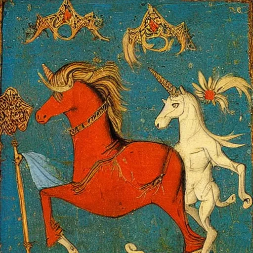 Prompt: the death defying unicorn, medieval painting