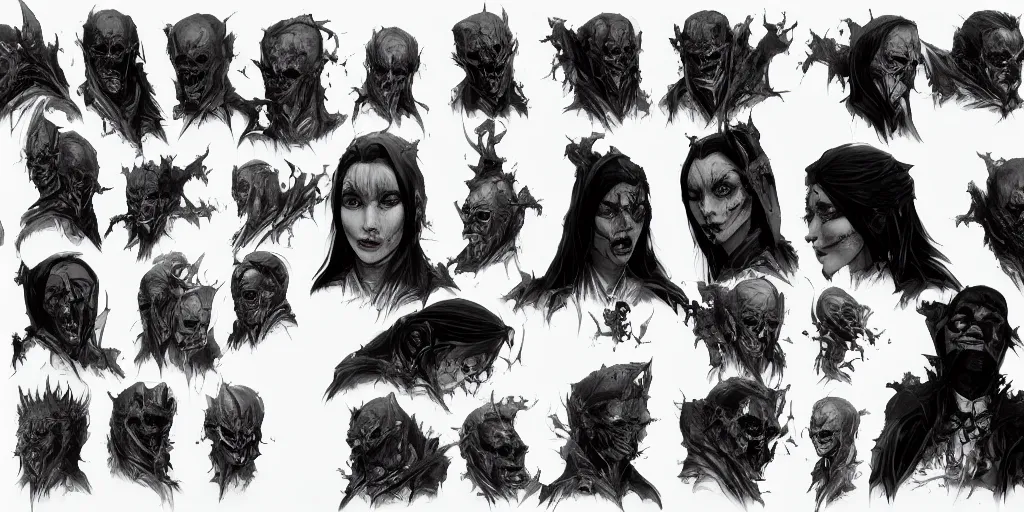 Image similar to gothic character face detail designs, Kim Jung Gi, Greg Rutkowski, character sheet, Darek Zabrocki, Karlkka, Jayison Devadas, Phuoc Quan, trending on Artstation, 8K, ultra wide angle, pincushion lens effect