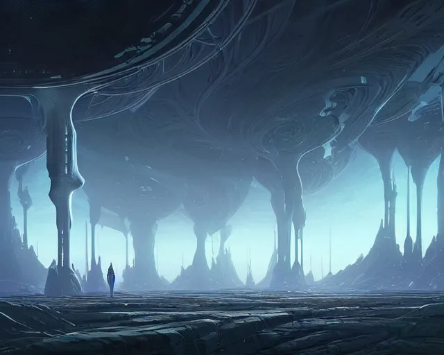 Image similar to professional ominous concept art of an alien planet landsacpe by artgerm and greg rutkowski ( thin white border ). an intricate, elegant, highly detailed digital painting, concept art, smooth, sharp focus, illustration, in the style of simon stalenhag wayne barlowe, igor kieryluk.