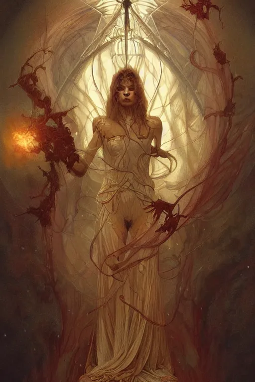 Prompt: a tarot card, a half man half machine, horror by agostino arrivabene and elegant intricate digital painting artstation concept art smooth sharp focus illustration, art by artgerm and greg rutkowski and alphonse mucha