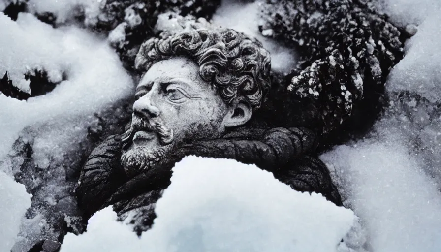 Image similar to 1 9 6 0 s movie still close up of marcus aurelius wearing legionnaire clothes frozen to death under the snow by the side of a river with gravel, pine forests, cinestill 8 0 0 t 3 5 mm, high quality, heavy grain, high detail, texture, dramatic light, anamorphic, hyperrealistic, detailed hair, bright sun