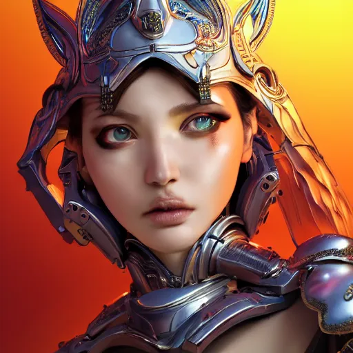 Image similar to studio portrait of lawful good colorful female holy mecha paladin absurdly beautiful, elegant, young sensual graceful woman, ultrafine hyperrealistic detailed face illustration by kim jung gi, irakli nadar, intricate linework, sharp focus, bright colors, matte, octopath traveler, final fantasy, unreal engine highly rendered, global illumination, radiant light, intricate environment