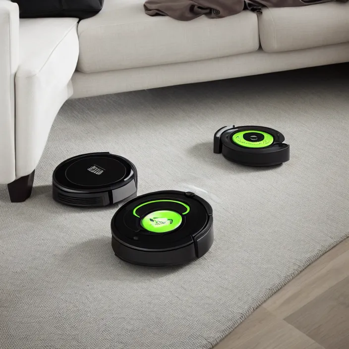 Prompt: A Roomba with 4 dynamic legs, 3D product advertising, 3D professional advertising, studio quality