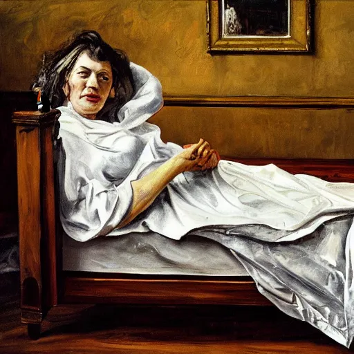 Image similar to lucian freud painting of ema stone on a victorian bed in a big old room, wide shot