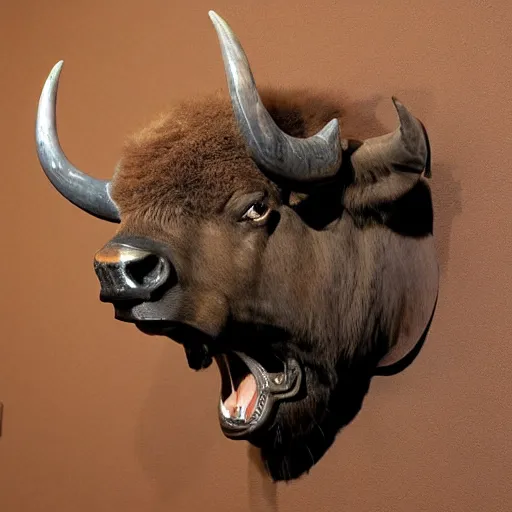 Image similar to hunting trophy bison head in vr helmet nailed to the wall,