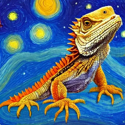 Image similar to Painting of a Bearded Dragon in the style of Starry Night