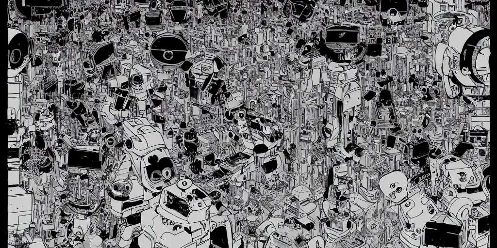 Image similar to gigantic robotic drones with lasers with human faces catch tiny robots, a lot of exotic plants around, human heads everywhere, risograph by satoshi kon and moebius, no text!, colorful flat surreal design, black & white, super - detailed, a lot of tiny details, fullshot