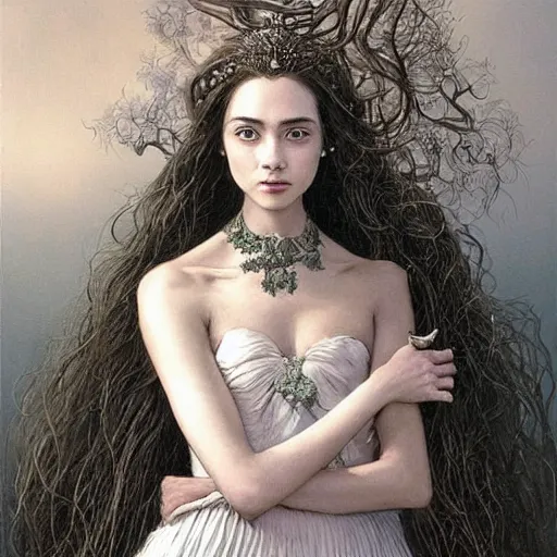 Prompt: facial portrait of a young pretty woman in flowing dress, arrogant, mysterious, very long long fine hair, delicate, looking at camera!!!, slightly awkward smile!, realistic face, no hands visible, intricate, stylish, elegant, grimdark fantasy, vibrant, extremely detailed painting by Greg Rutkowski and Ernst Haeckel and Harumi Hironaka