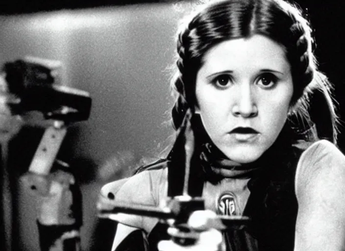 Image similar to promotional image of a young carrie fisher in a heavy metal band in a movie from 1978, rugged black clothes, detailed face, movie still frame, promotional image, imax 70 mm footage