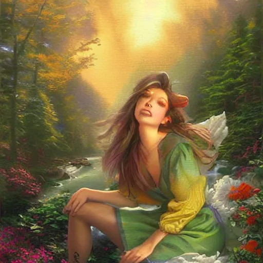 Prompt: You’ll never find a rainbow if you’re looking down, art by Thomas Kinkade, artwork by artgerm