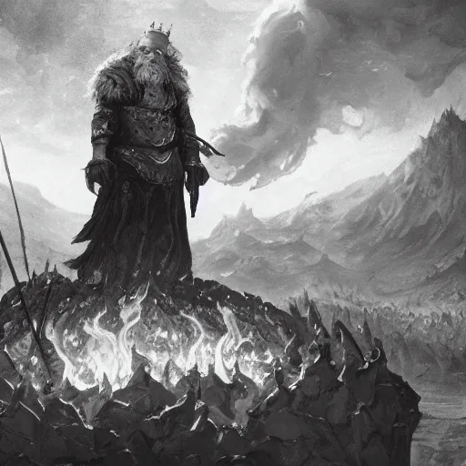 Prompt: an old king, facing thousands of adversaries with his burning and falling kingdom in the background.