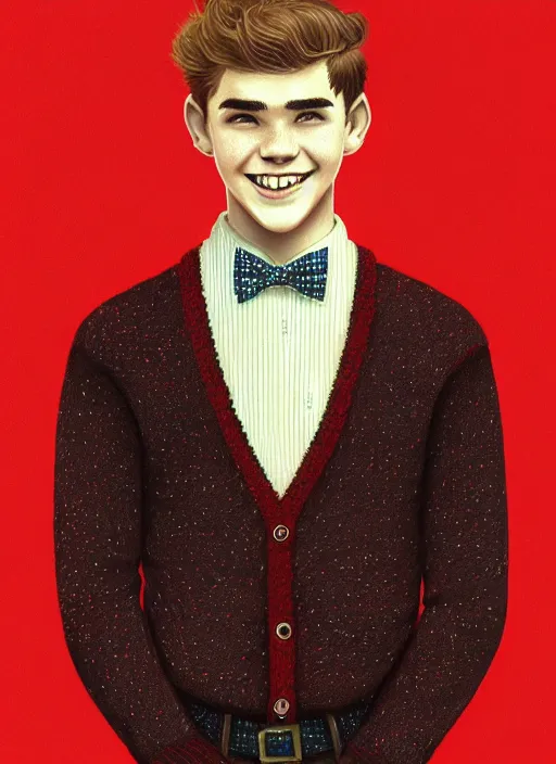 Image similar to portrait of teenage archie andrews, freckles, curly middle part haircut, curly hair, middle part hairstyle, smiling kindly, wearing a bowtie and sweater vest, intricate, elegant, glowing lights, highly detailed, digital painting, artstation, concept art, smooth, sharp focus, illustration, art by wlop, mars ravelo and greg rutkowski