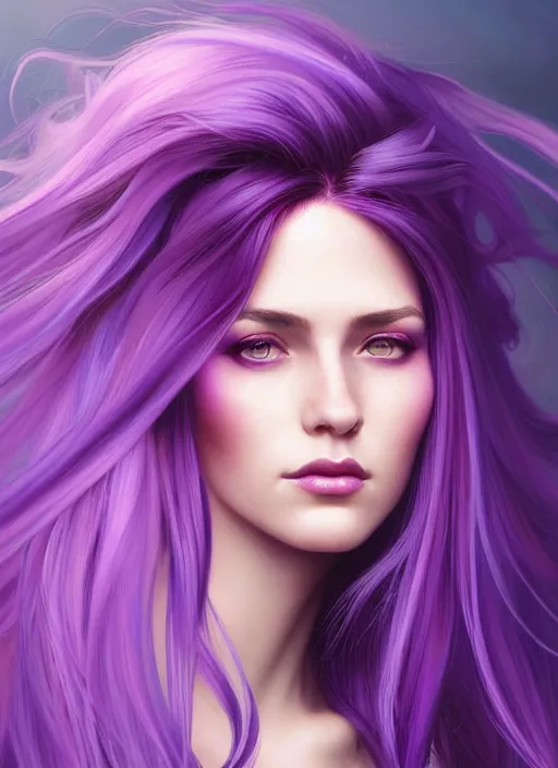 Image similar to Purple hair relistic Portrait of a woman with bright colored flying hair, all shades of purple. Hair coloring, long hair, fantasy, intricate, elegant, highly detailed, digital painting, artstation, concept art, smooth, sharp focus, illustration, art by artgerm and greg rutkowski and alphonse mucha