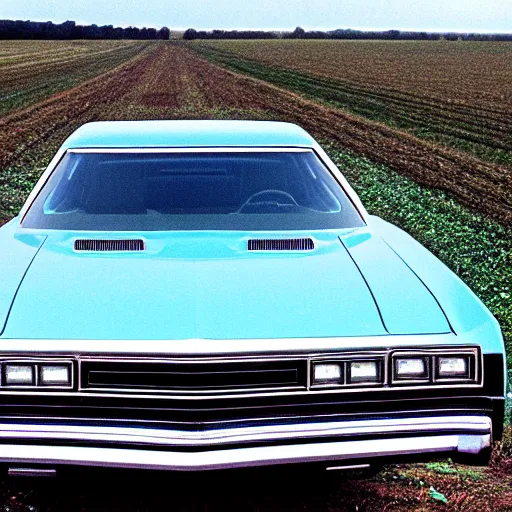 Image similar to A photograph of a rusty!!!!!!!!!!!! Powder Blue Dodge Aspen (1976) in a farm field, photo taken in 1989