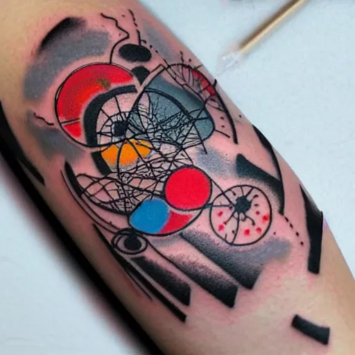 Prompt: photorealistic trash polka tattoo in back mixed with kandinsky style, fine drawing red and black thin strokes