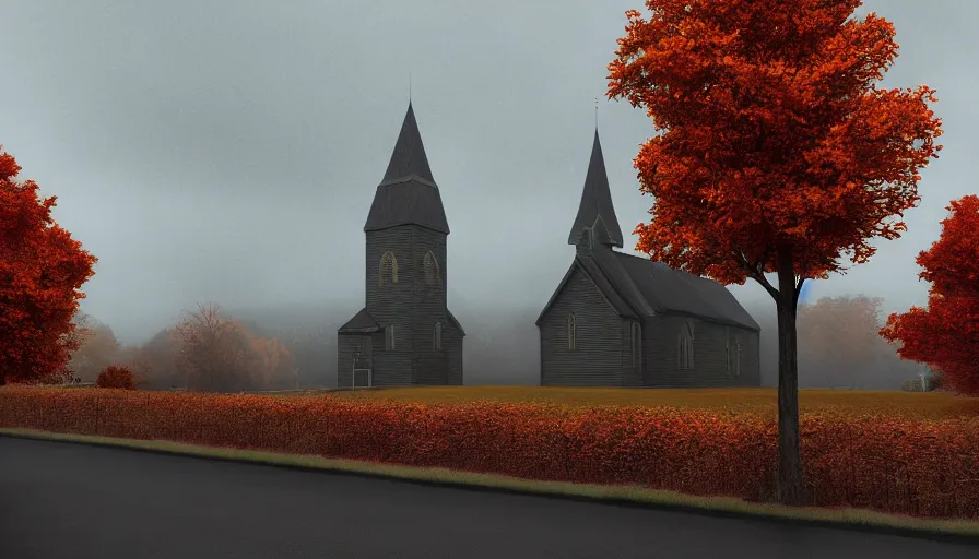 Image similar to small midwest town in autumn, church, leafs, grey sky, square, trees, hyperdetailed, artstation, cgsociety, 8 k