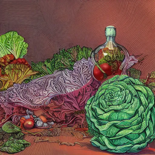 Image similar to the anatomy of a head of lettuce, an ultrafine detailed painting by james jean, intricate linework, bright colors, final fantasy, behance contest winner, vanitas, angular, altermodern, unreal engine, global illumination, radiant light, detailed and intricate environment