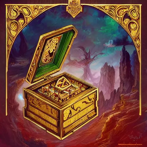 Prompt: a beautiful and vivid and colorful andreas rocha magic the gathering fantasy illustration of a beautiful engraved wooden pandora's box with inlaid jewels and gold filigree scrollwork.