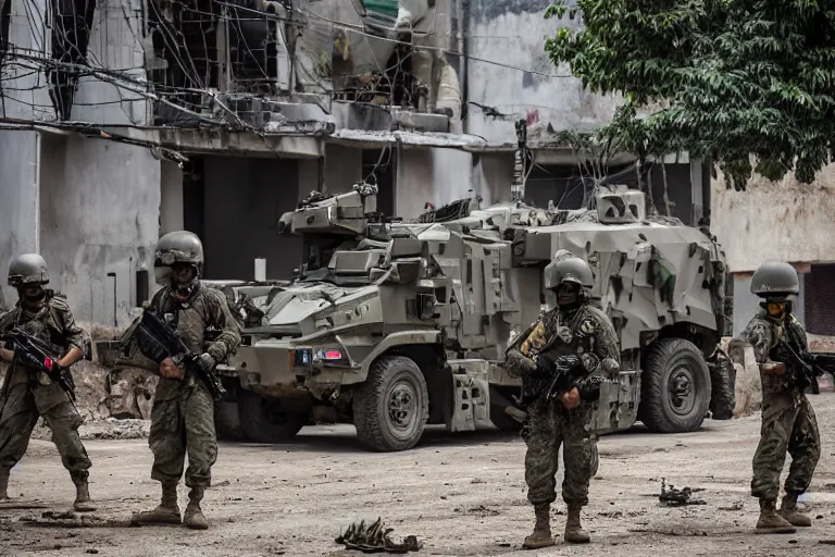 Image similar to Mercenary Special Forces soldiers in grey uniforms with black armored vest and black helmets behind an MRAP in urban warfare in Cambodia as artillery explodes 2022, Canon EOS R3, f/1.4, ISO 200, 1/160s, 8K, RAW, unedited, symmetrical balance, in-frame, combat photography