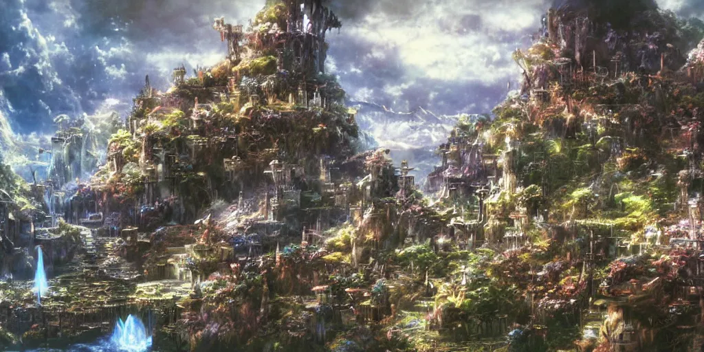 Image similar to a final fantasy landscape concept art by yoshitaka amano