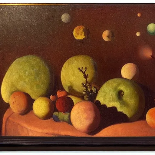 Prompt: A very very very very exquisite still life on the Symbolist theme of exoplanets by Lucien Lévy-Dhurmer, oil on canvas, 1895, from the Musée d'Orsay