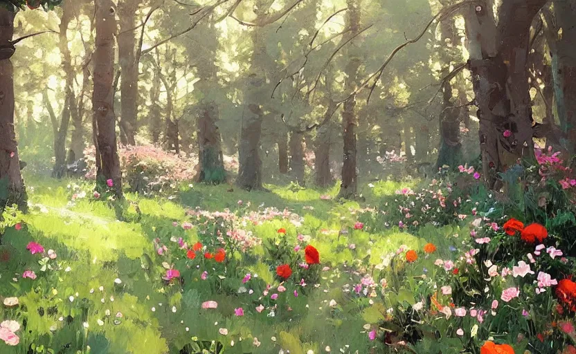 Image similar to cute cozy floral forest game by atey ghailan and michael garmash, plein air