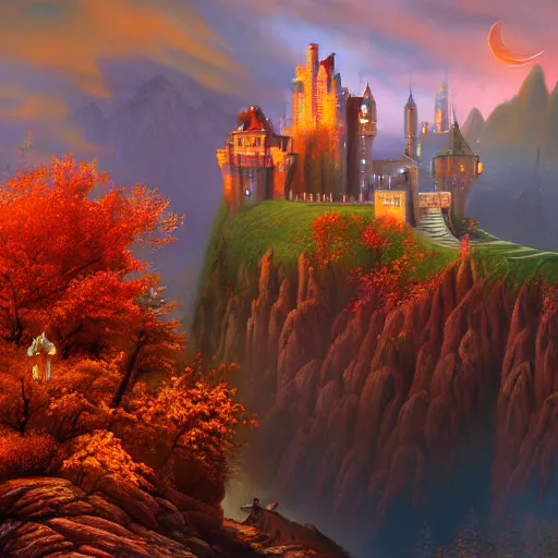 Prompt: Evil castle by Evgeny Lushpin, greg rutkowski,red sky,background mountains,autumn,halloween