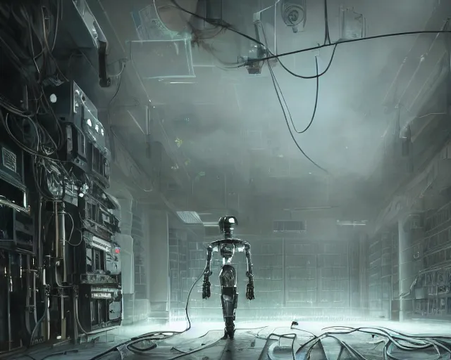 Image similar to gloomy colossal ruined server room in datacenter robot figure automata headless robot knight welder posing pacing fixing soldering mono sharp focus, emitting diodes, smoke, artillery, sparks, racks, system unit, motherboard, by pascal blanche rutkowski artstation hyperrealism painting concept art of detailed character design matte painting, 4 k resolution blade runner