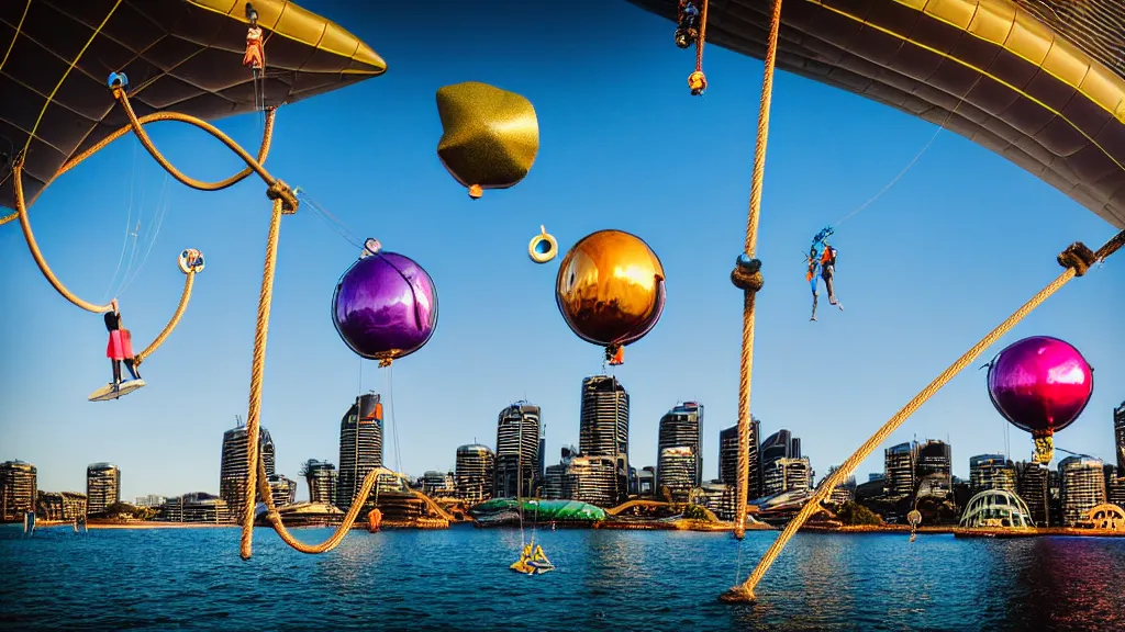 Prompt: large colorful futuristic space age metallic steampunk balloons with pipework and electrical wiring around the outside, and people on rope swings underneath, flying high over the beautiful sydney city landscape, professional photography, 8 0 mm telephoto lens, realistic, detailed, photorealistic, photojournalism