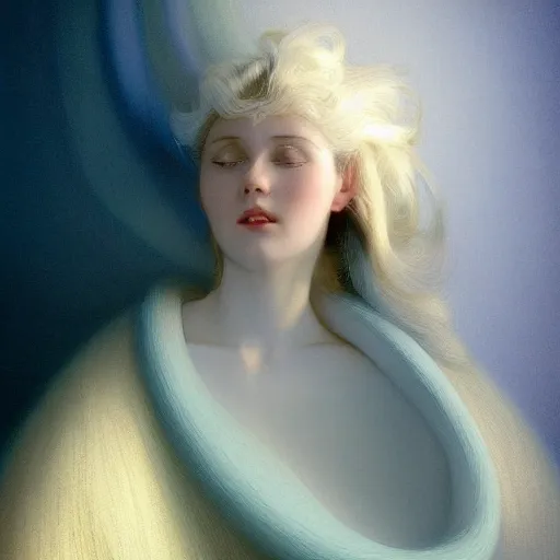 Prompt: a young woman's face, her hair is silver white and she wears an indigo blue satin cloak, by ivan aivazovsky and syd mead and moebius and gaston bussiere and roger dean and pieter claesz and paul delaroche and alma tadema and aelbert cuyp and glenn fabry, hyperrealistic, volumetric light, octane render