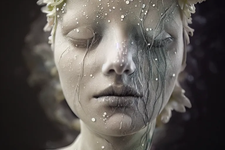 Image similar to the long shot of sculpture of a beautiful woman with flowing tears, fractal flowers on the skin, intricate, a marble sculpture by nicola samori, behance, neo - expressionism, marble sculpture, made of mist, still frame from the prometheus movie by ridley scott with cinematogrophy of christopher doyle, arri alexa, anamorphic bokeh, 8 k