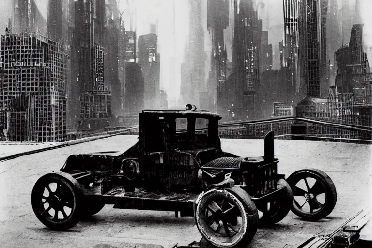 Image similar to cyberpunk 1 9 0 8 model ford t by paul lehr, metropolis, parked by view over city, vintage film photo, robotic, black and white photo