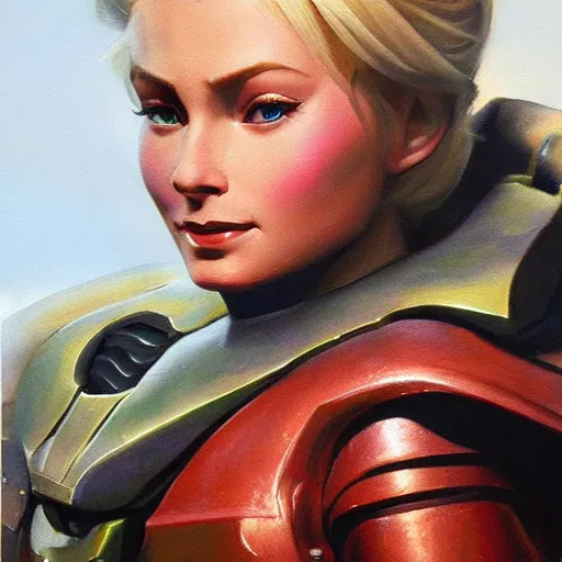 Image similar to ultra realistic portrait painting of elsa as master chief, art by frank frazetta, 4 k, ultra realistic, highly detailed, epic lighting