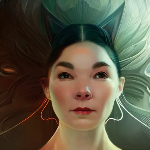 Image similar to portrait of bjork as android, 8 k highly detailed, sharp focus, illustration, art by artgerm, mucha, bouguereau