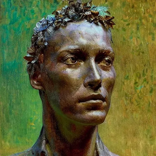 Prompt: a sculpture portrait made of water and sand and flowers and plants, painting part by wojciech siudmak, part by ilya repin, part by max ernst, part by norman rockwell, artstation