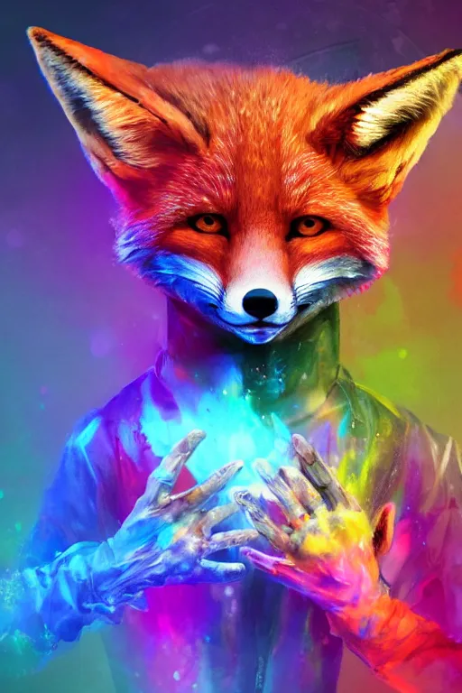 Image similar to a humanoid fox wearing scientist's clothes and doing experiments with colorful chemicals, digital painting, masterpiece, digital art, high quality, highly detailed, concept art, trending on deviantart, high coherence, anatomically correct, five fingers, cinematic, high definition, path traced